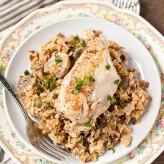 Chicken and mushroom wild rice pilaf in a bowl.