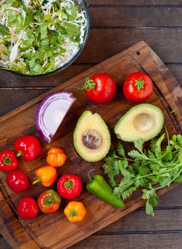 All the fixings for a crunchy, colorful Fish Taco Salad Bowl!