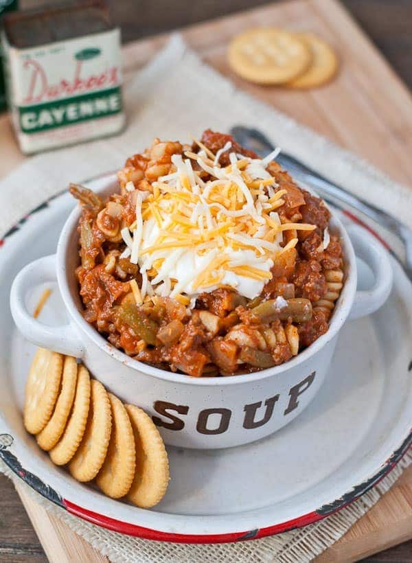 My mom came up with this green bean chili when I refused to eat kidney beans! Easy to make and great for kids!