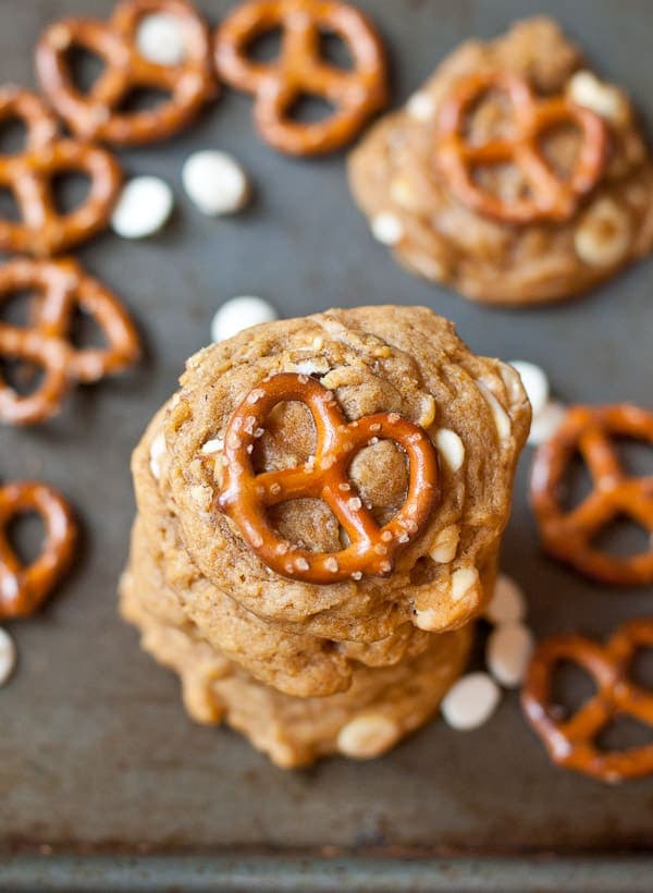 White Chocolate Pretzel Pumpkin Cookies are my fall snack of choice!