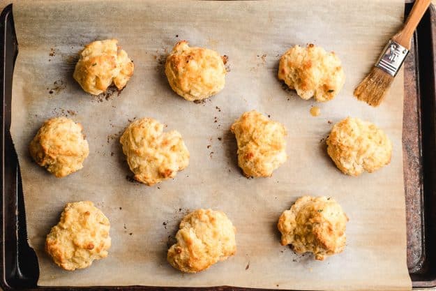 Fast and easy drop biscuits baked and brushed with butter.