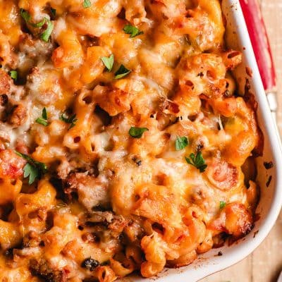 Freshly baked Johnny Marzetti Casserole in a baking dish.