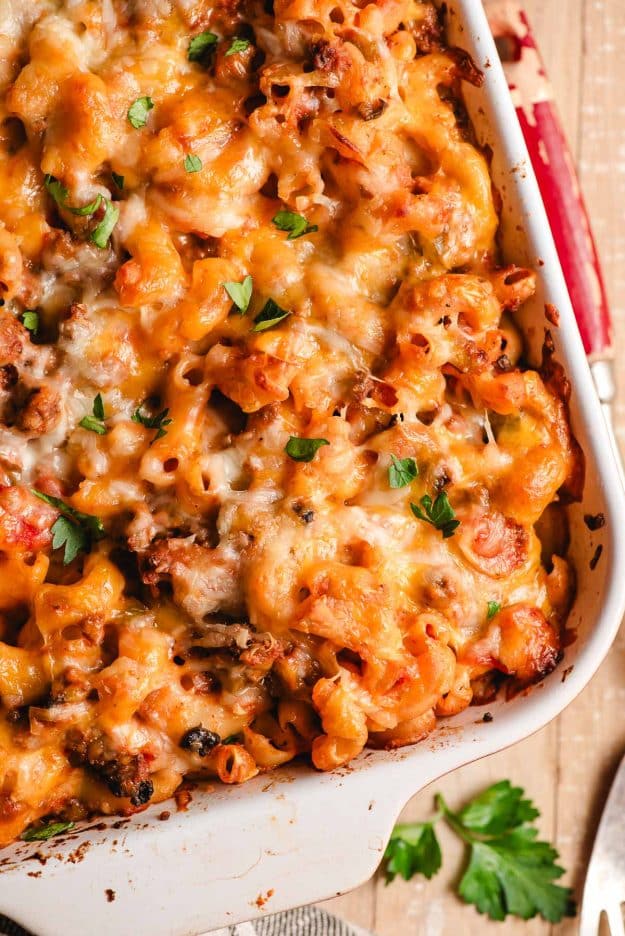 Freshly baked Johnny Marzetti Casserole in a baking dish.