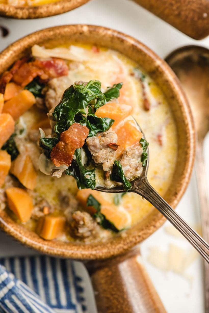 spoonful of kale sausage sweet potato soup