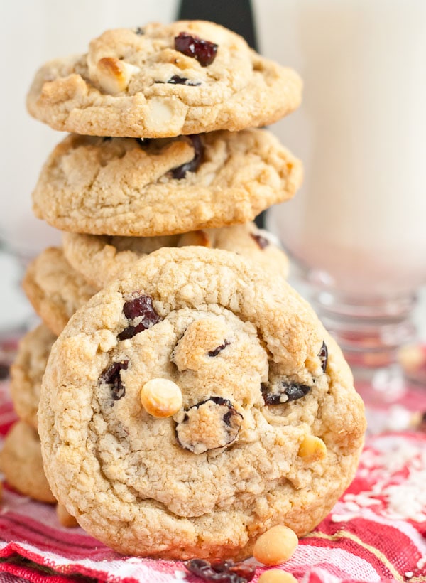 These Gluten Free White Chocolate Macadamia Nut Cookies get an added flavor boost from toasted coconut and cranberries. 