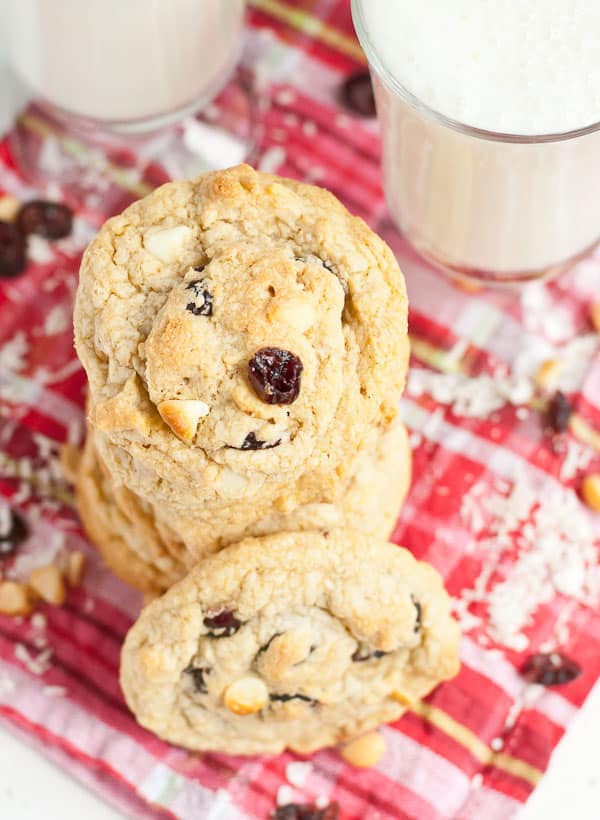 Chewy and soft, these Gluten Free White Chocolate Macadamia Nut Cookies are packed with cranberries and toasted coconut. 
