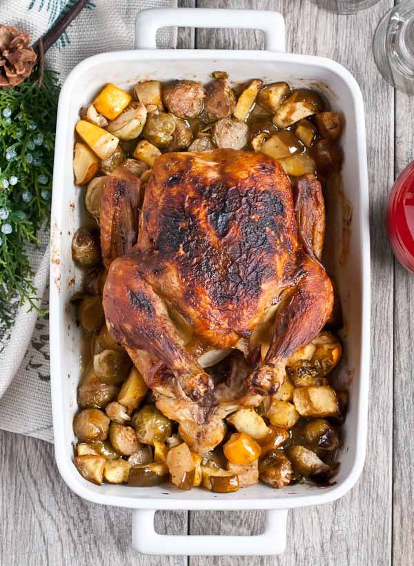 Tangy and sweet, this Maple Dijon Roasted Chicken is a great one pot meal for the holidays!