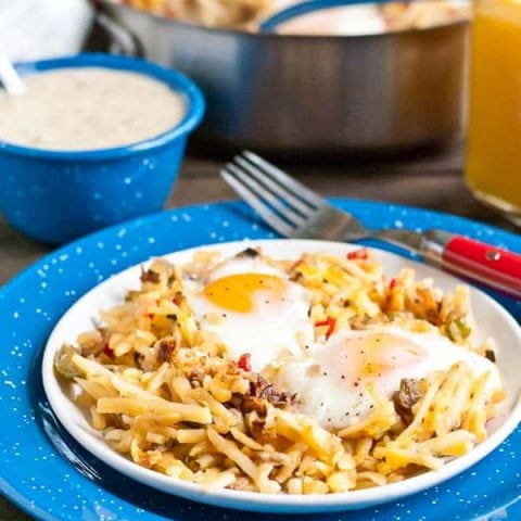 Sausage Gravy and Eggs Hash Brown Skillet