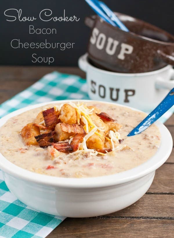 This Slow Cooker Cheeseburger Soup is loaded with bacon, tater tots, and cheddar cheese!