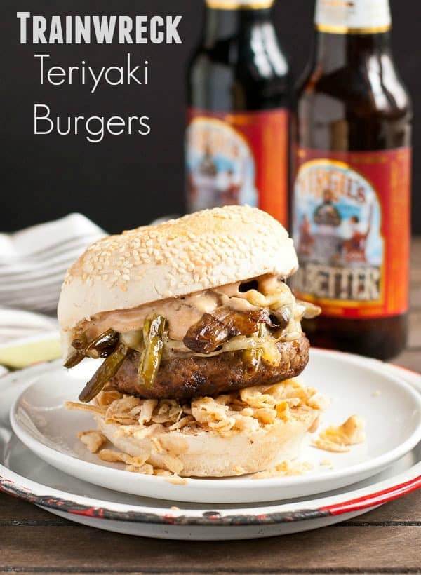 Trainwreck Teriyaki Burgers are smothered in mushrooms, green beans, and french fried onions. 