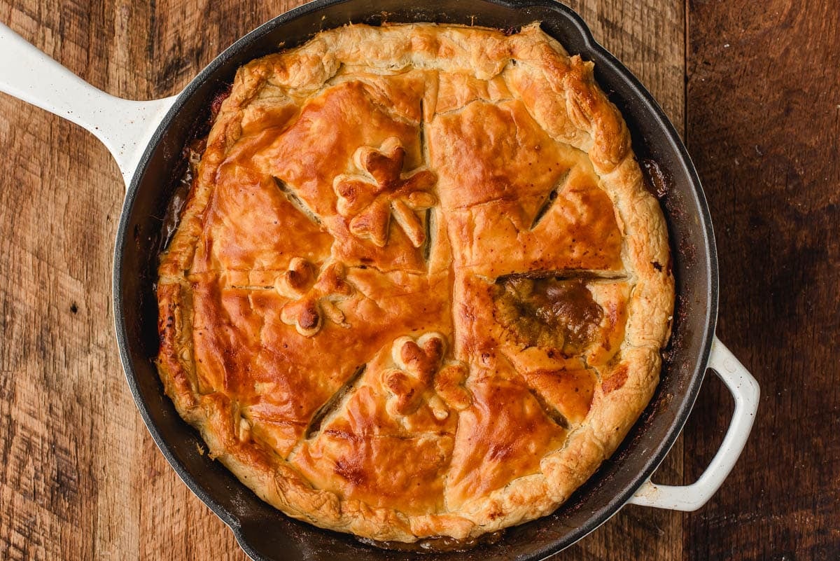 Just baked Puff Pastry Beef Pot Pie in a deep cast iron skillet.