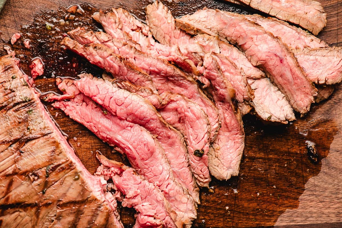Grilled flank steak sliced into thin strips for tacos.