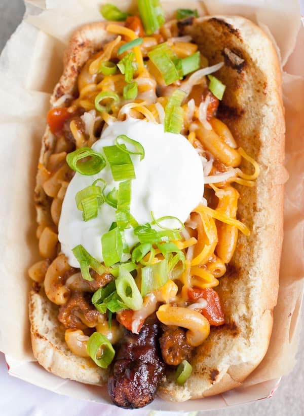 Loaded Chili Mac and Cheese Hot Dogs via NeighborFoodBlog.com