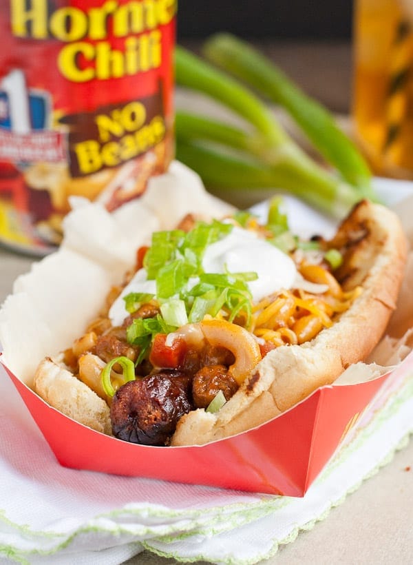 Chili Mac and Cheese Hot Dogs are a quick and easy recipe for summer entertaining!