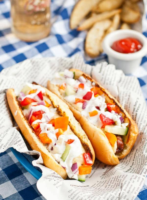 Greek Hummus and Tzatziki Hot Dog from NeighborFoodBlog.com