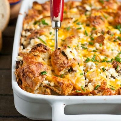 Sausage, Goat Cheese, and Chive Bagel Strata | NeighborFoodBlog.com