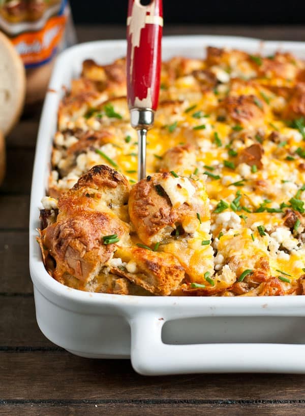 Sausage, Goat Cheese, and Chive Bagel Strata | NeighborFoodBlog.com