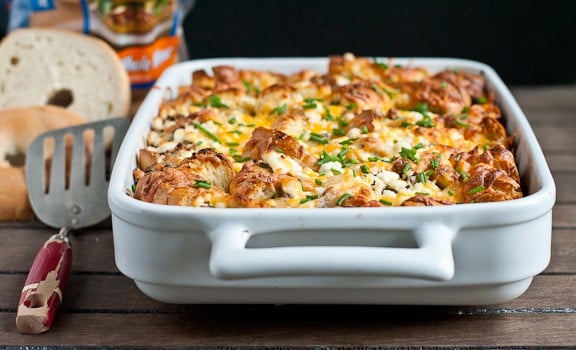 Sausage, Goat Cheese, and Chive Bagel Strata from NeighborFoodBlog.com