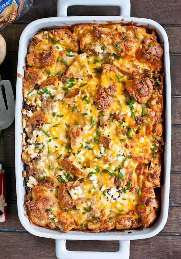 Sausage, Goat Cheese, and Chive Bagel Strata from NeighborFoodBlog.com