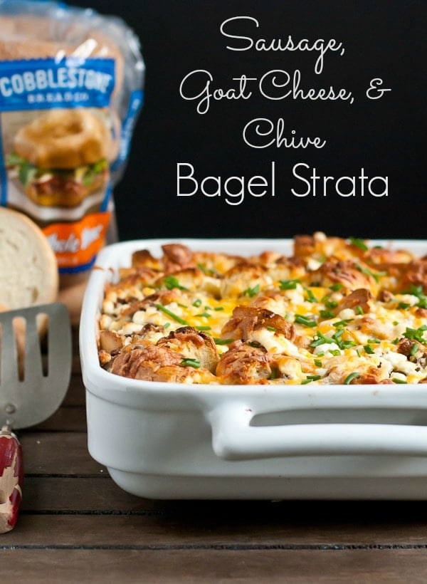 Sausage, Goat Cheese, and Chive Bagel Strata  from NeighborFoodBlog.com is the perfect make ahead brunch dish. 