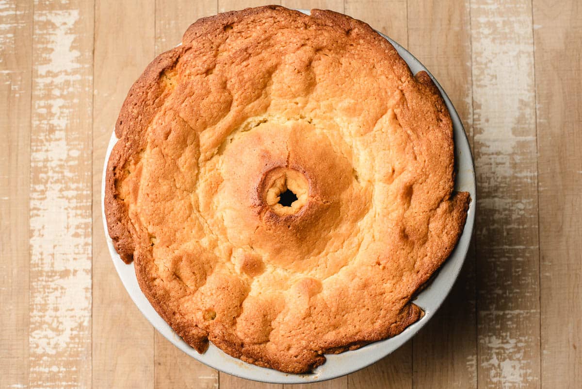 Baked pound cake in a bundt pan.
