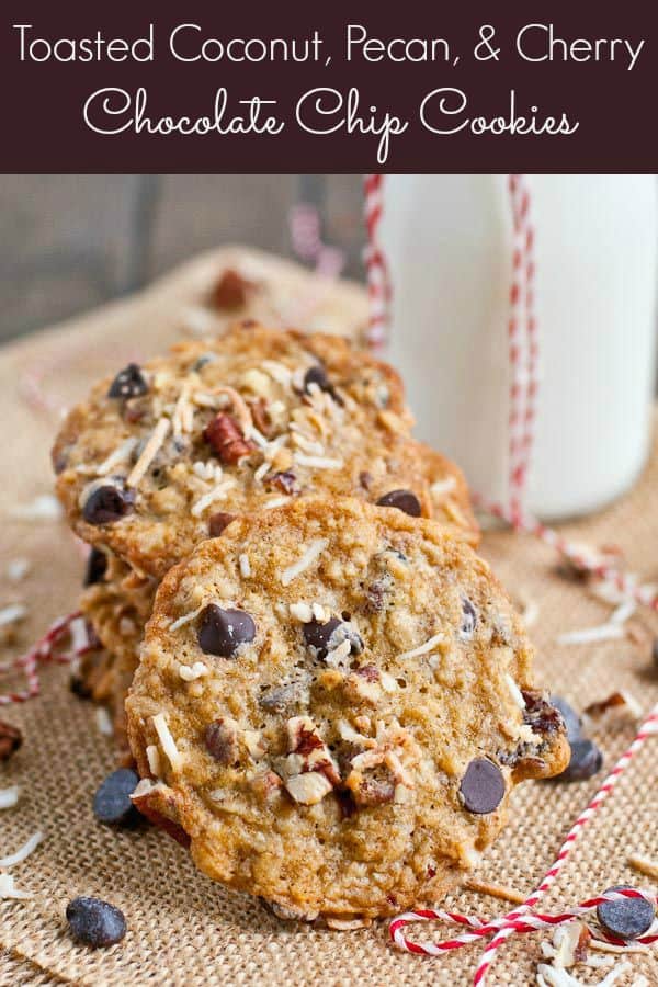 These Oatmeal Chocolate Chip Cookies are loaded with cherries, toasted coconut, and pecans!