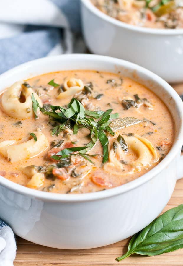 Looking for a great one pot meal recipe? This Creamy Tomato Tortellini Soup is easy to make and loaded with veggies and chicken sausage. It also freezes beautifully!