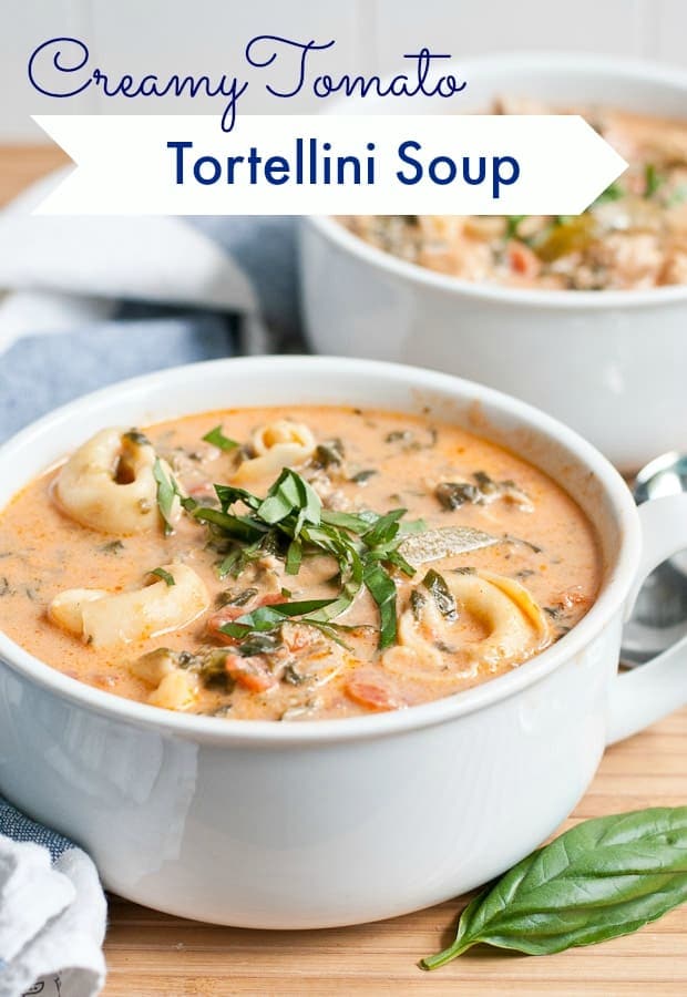 Creamy Chicken Sausage, Tomato, and Tortellini Soup is an easy one pot meal loaded with spinach, zucchini, garlic, and basil!