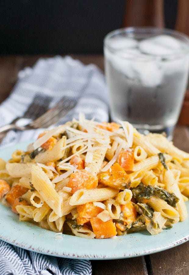 All you'll need is a single skillet and 30 minutes to make this Creamy Sweet Potato Kale and Leek Pasta. It's the perfect fall pasta!