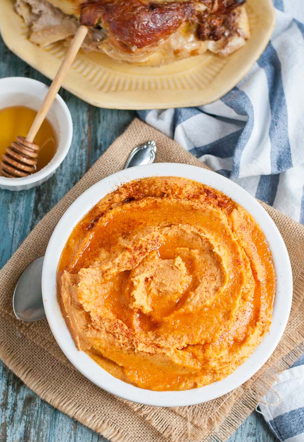 Honey Chipotle Mashed Sweet Potatoes are a great dish to mix up your Thanksgiving menu.