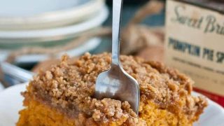 This Pumpkin Crumb Cake is spiced with cinnamon, nutmeg, ginger, and cloves. It's the perfect breakfast for a fall day.