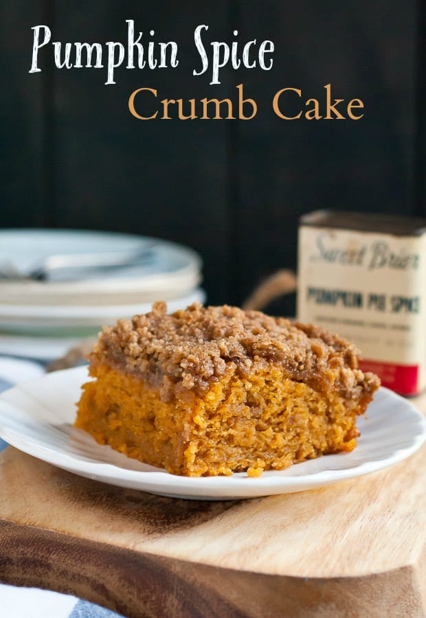 slice of pumpkin coffee cake with a crumb topping