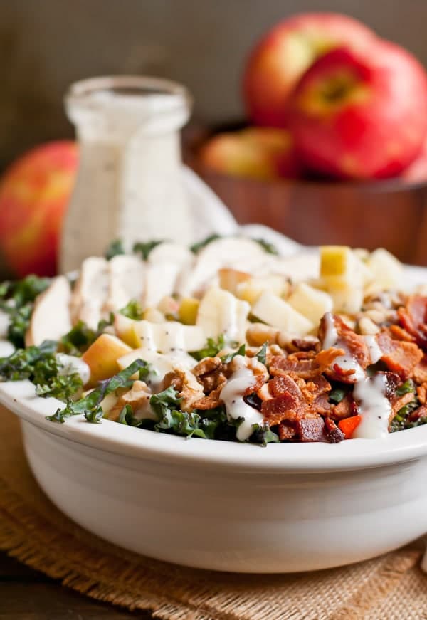 This Chicken Bacon and Apple Kale Salad with balsamic poppyseed dressing is a healthy fall meal!