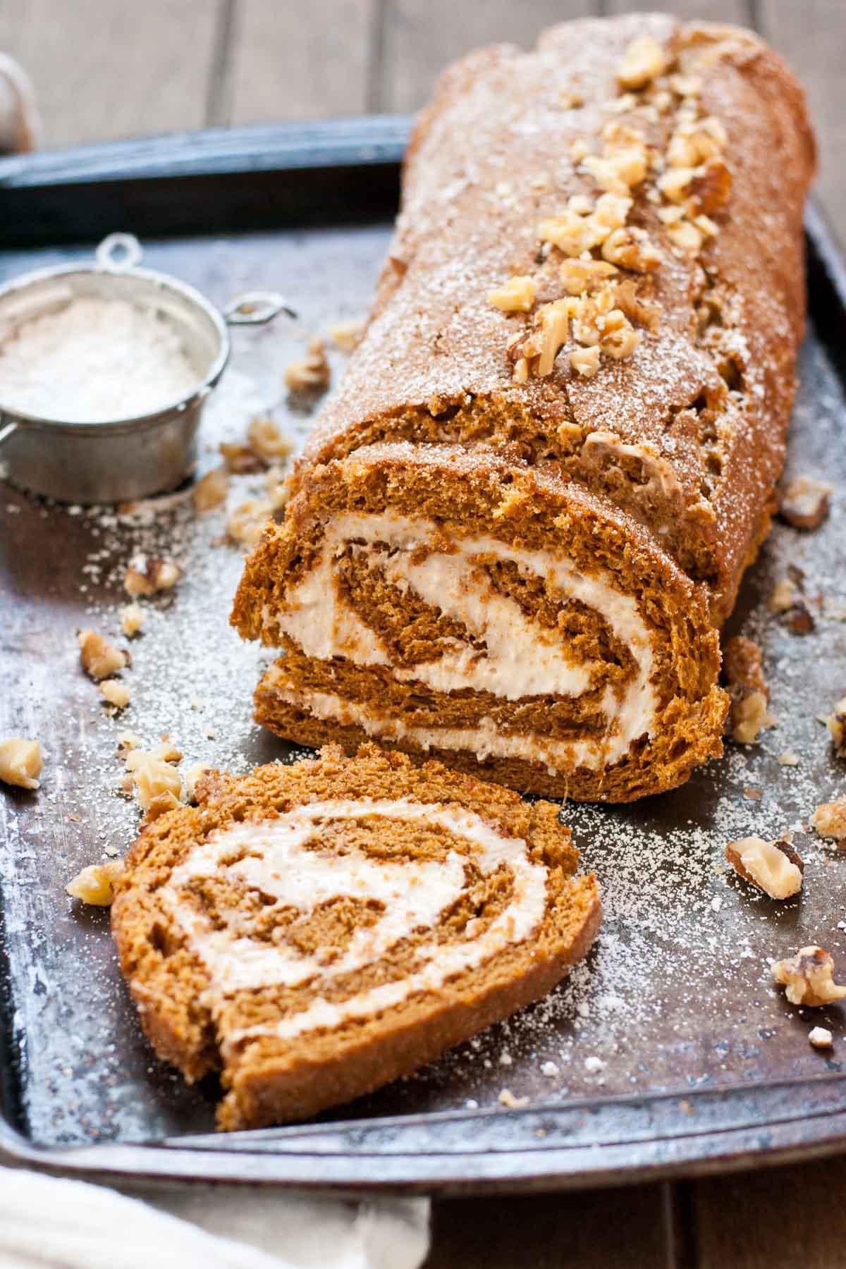 This Gingerbread Cake Roll with Eggnog Cream Cheese Filling is the perfect Christmas dessert!