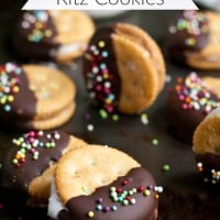These Chocolate Dipped Ritz Cookies stuffed with peanut butter and marshmallow are so easy to make and a huge hit at parties!