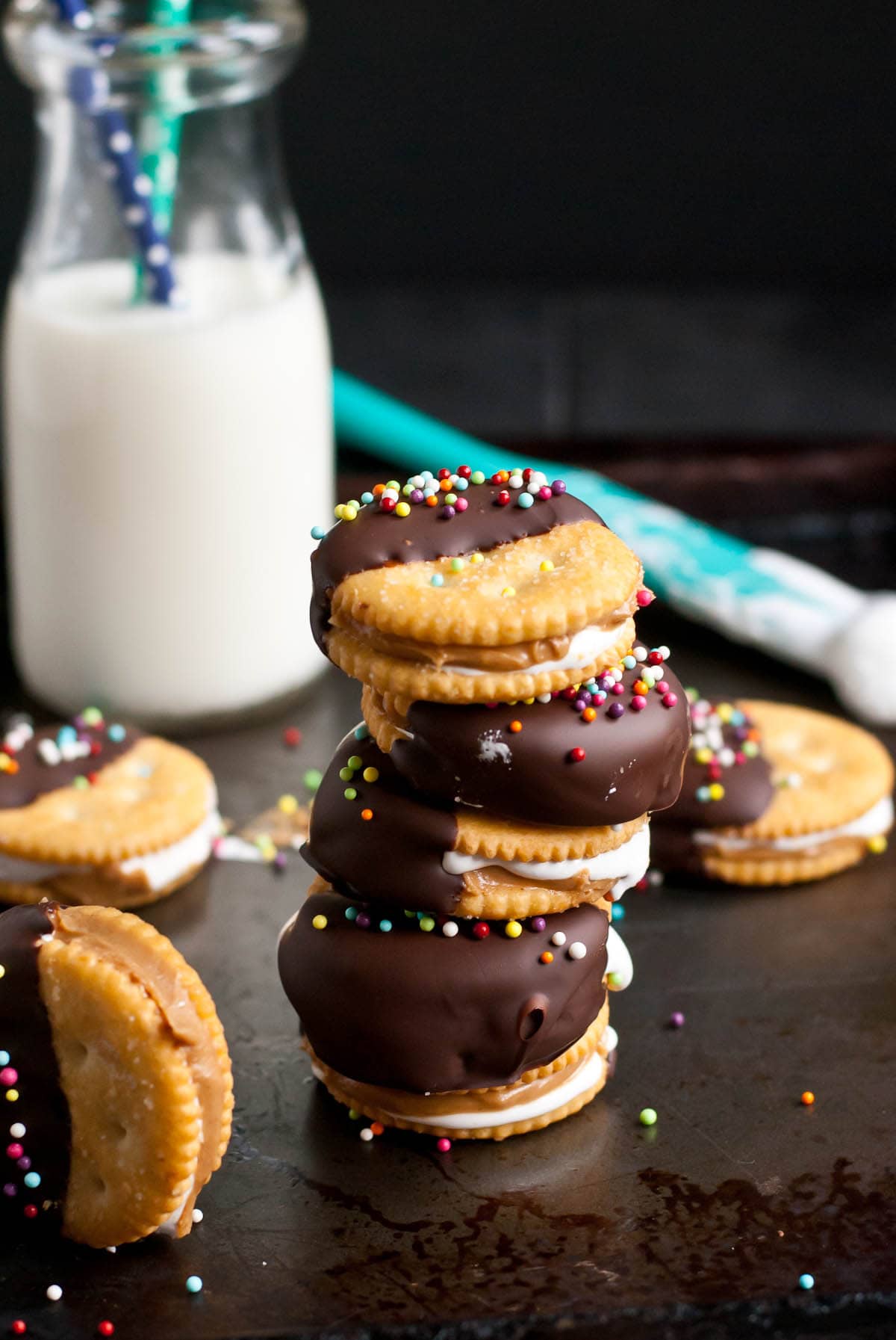 These Chocolate Dipped Fluffernutter Ritz Cookies are only four irresistible ingredients!