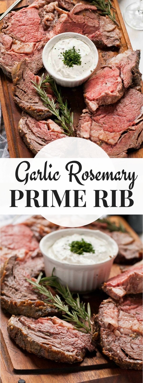 This Rosemary and Garlic Prime Rib Roast is a show stopping holiday dinner! Served with a creamy horseradish sauce, this rib roast will have everyone begging for more!