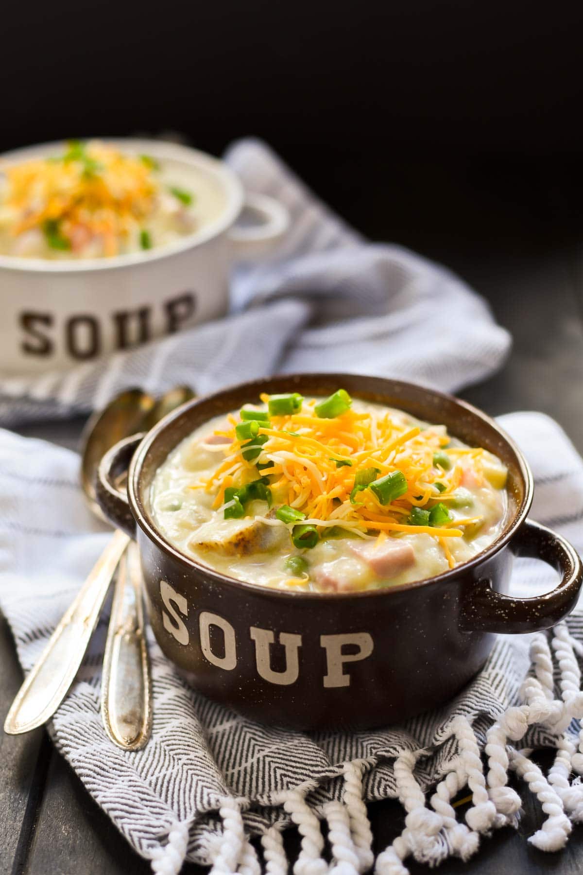 This Creamy Ham and Potato Soup is loaded with onions, carrots, peas, cheese, and chives!
