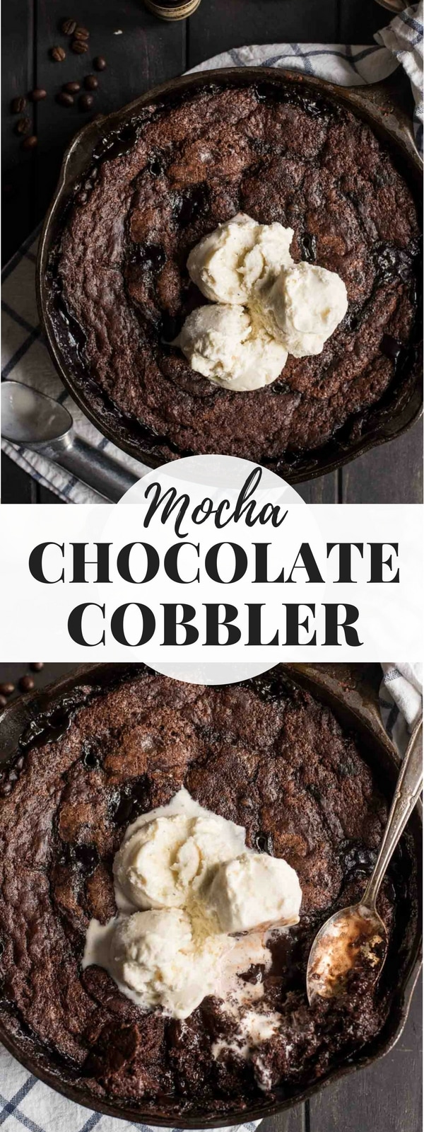 Mocha Chocolate Cobbler in a cast iron skillet with scoops of ice cream