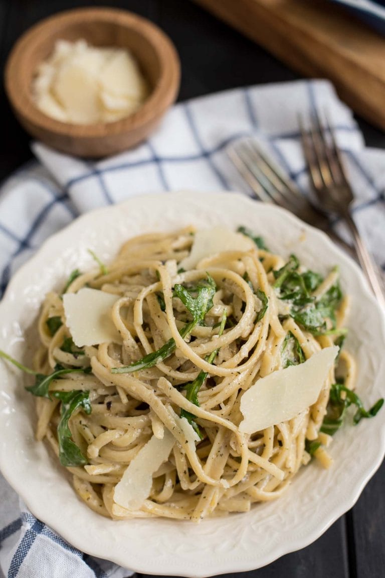 This Creamy Parmesan Lemon Linguine with Arugula is a quick, comforting pasta meal.