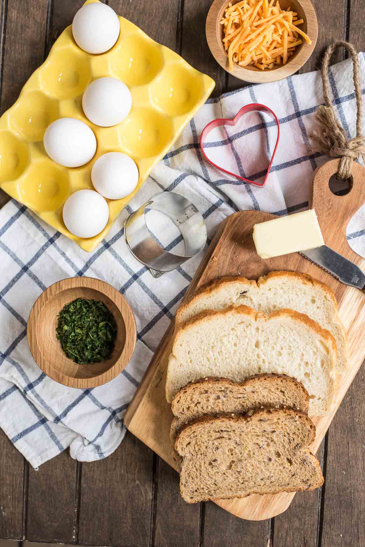 Ingredients for eggs in a basket recipe
