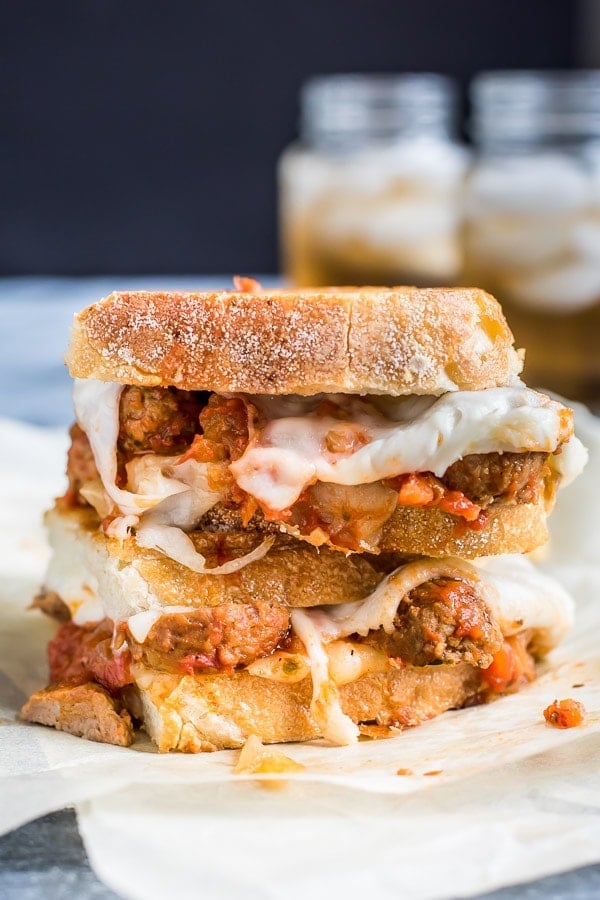 Meatball subs get the grilled cheese treatment in these monster sandwiches loaded with mozzarella, provolone, onions, and saucy meatballs.