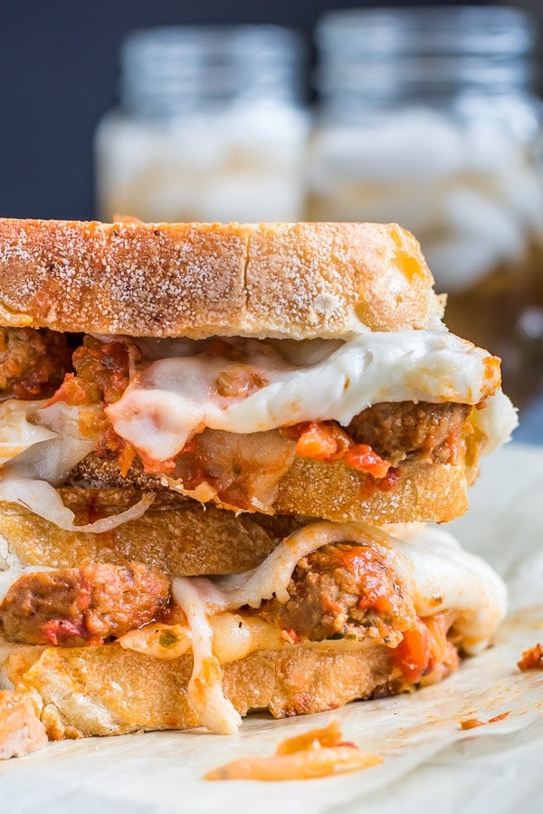 This Meatball Sub Grilled Cheese is one serious sandwich! Loaded with mozzarella, provolone, onions, and saucy meatballs!