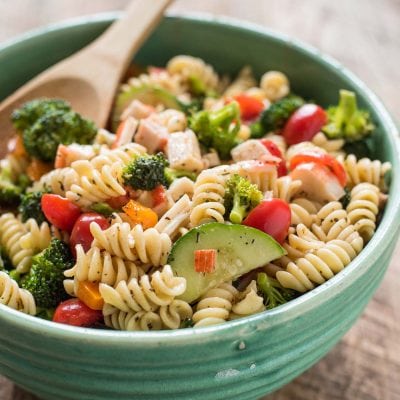 This Greek Pasta Salad with Feta Cheese is bright, tangy, and loaded with fresh veggies!