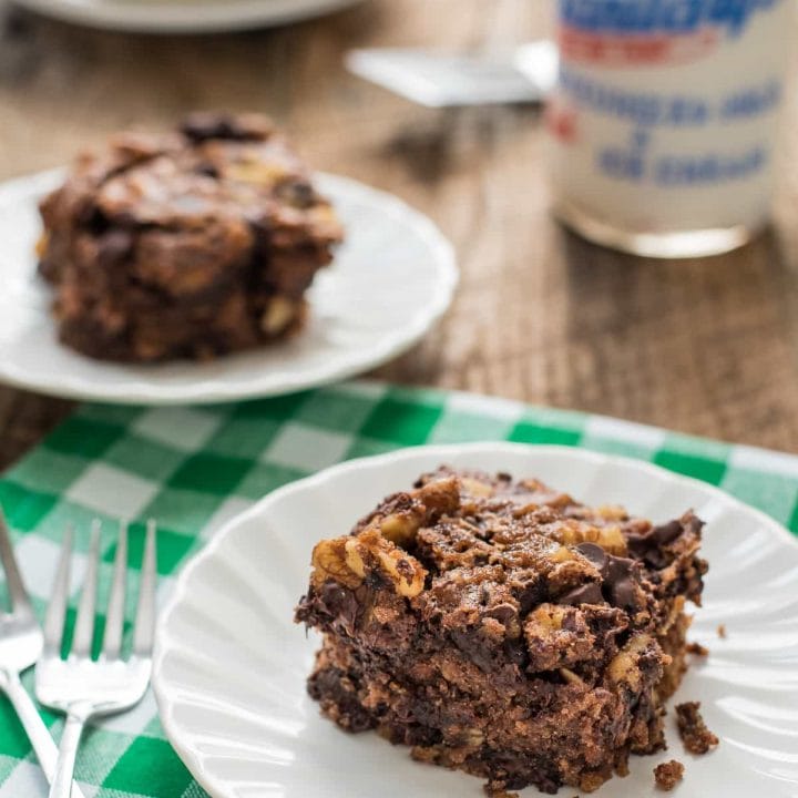 This Oatmeal Chocolate Chip Snack Cake has an irresistible chewy texture that's perfect for an after school treat!