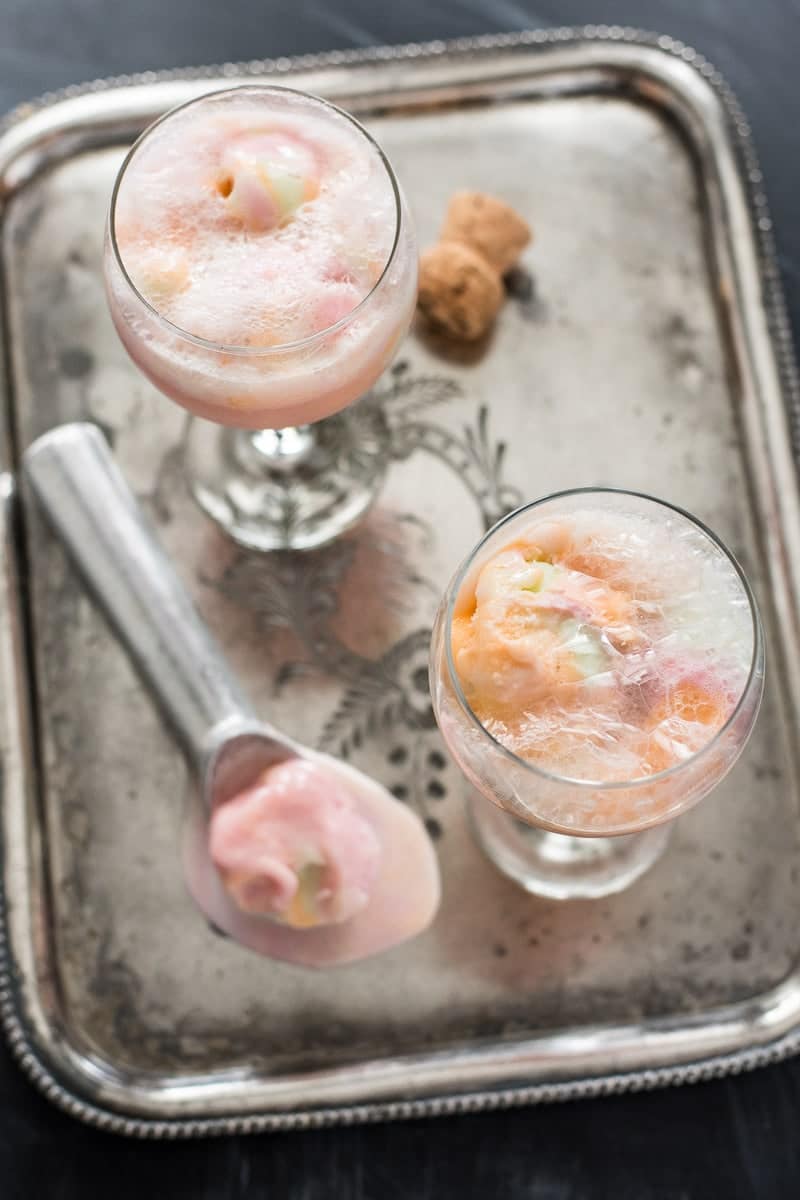 Creamy rainbow sherbet and champagne make the best bubbly champagne floats!