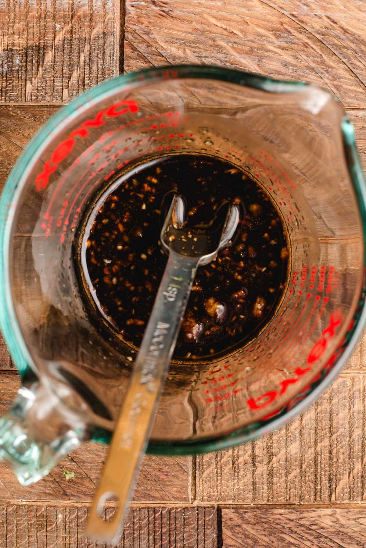 Soy sauce, ginger, garlic, rice vinegar, and honey whisked together.