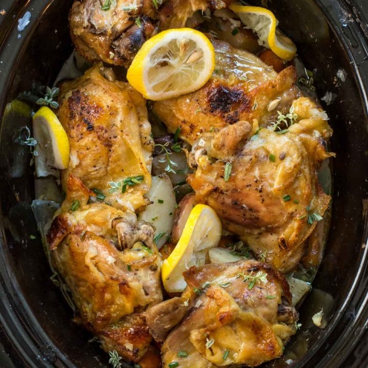 This Crock Pot Lemon Garlic Chicken and Vegetables is a one pot meal you can throw together in 20 minutes then forget about until dinner!
