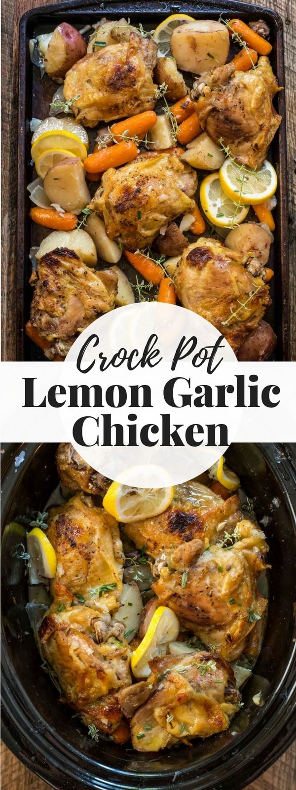 Crock Pot filled with chicken thighs, lemon, and garlic