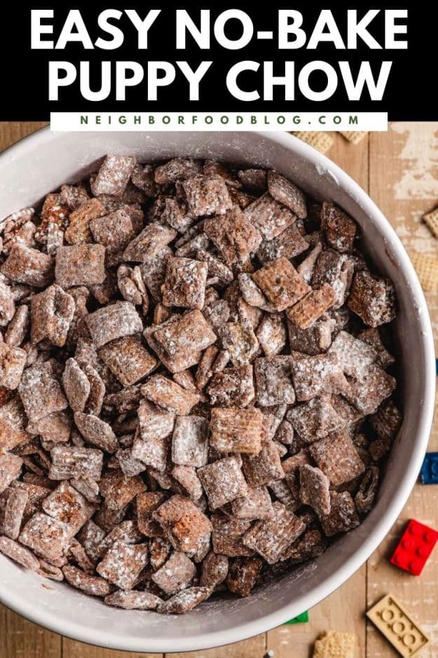 Bowl of no bake peanut butter puppy chow.